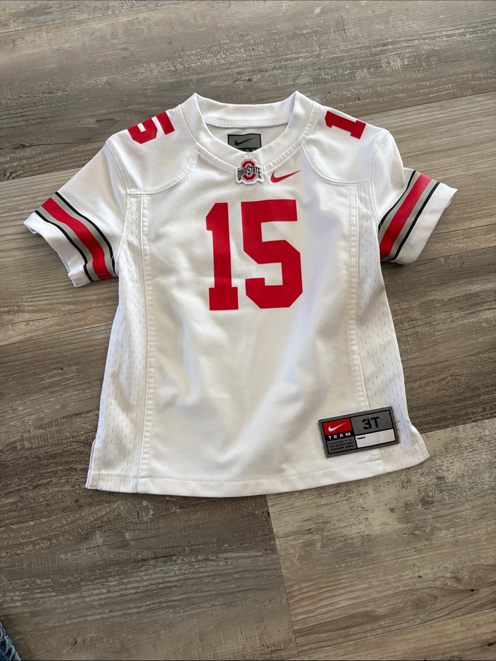 Nike Kids White Football Jersey with Red #15 and Black Stripes
